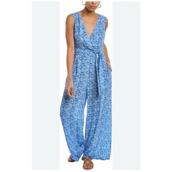 J. Mclaughlin Jumpsuit Womens 14 Blue Hermione Belted Pockets Tropical Resort
